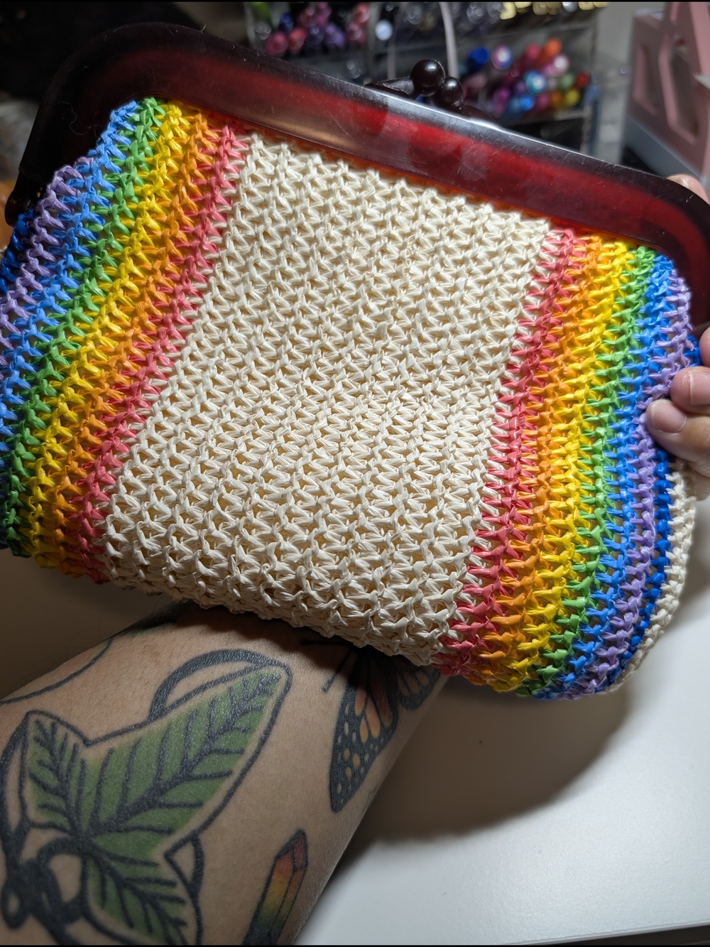 Cream Crochet Clutch with Rainbow Trim